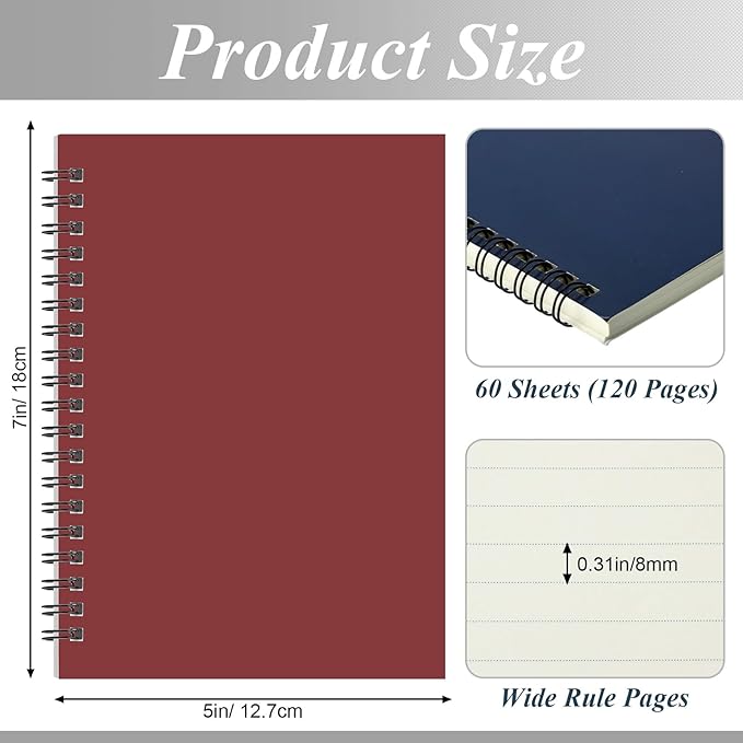 Leelosp 12 Pcs Small Spiral Notebook Lined Spiral Journal College Ruled Notebook Wire Bound Kraft Cover, 120 Pages for Work (Dark Color,5 x 7 Inch)