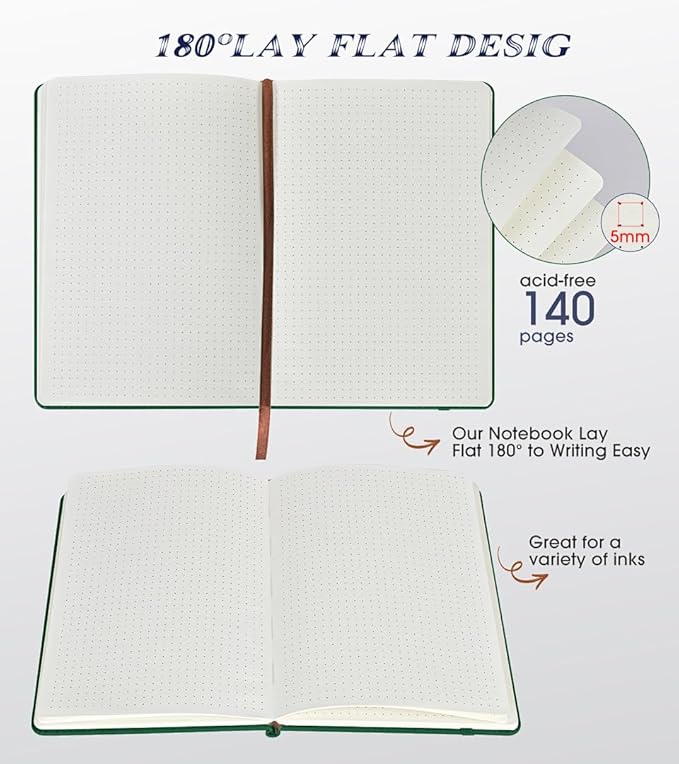 Biuwory Dotted Journal Notebook for Women Men, 140 Pages Hardcover Dot Grid Notebooks for Work, School & Travel, Leather Journals for Writing, Bullet Journaling 5.7"×8.3" (Green)