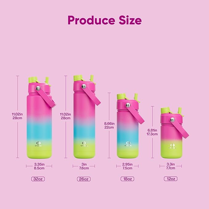 Kids Insulated Water Bottle with Straw - 12oz Stainless Steel Water Bottle with Dual Spouts, Leak-Proof, BPA-Free, Double Wall Vacuum Keeps Cold for 24 Hours for Sports, Travel, School (Lime Sorbet)