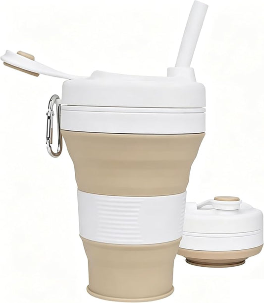 IYYI Collapsible Travel Cup, Silicone Coffee Cup with Lid, 20.3 oz Travel Coffee Mug with Straw, Folding Cup for Hiking Camping Office - Dishwasher Safe (Khaki)