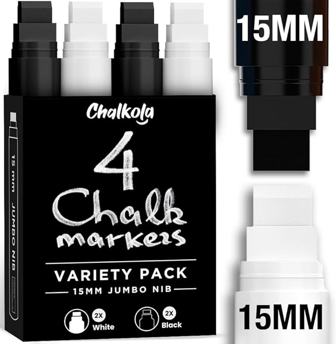 Chalkola 15mm Jumbo Car Window Markers for Glass Washable | (4 Pack - 2 White, 2Black) Thick Chalk Pens, Safe Erasable Liquid Chalk Markers for Blackboard Chalkboards, Glass Board, Auto, Mirror