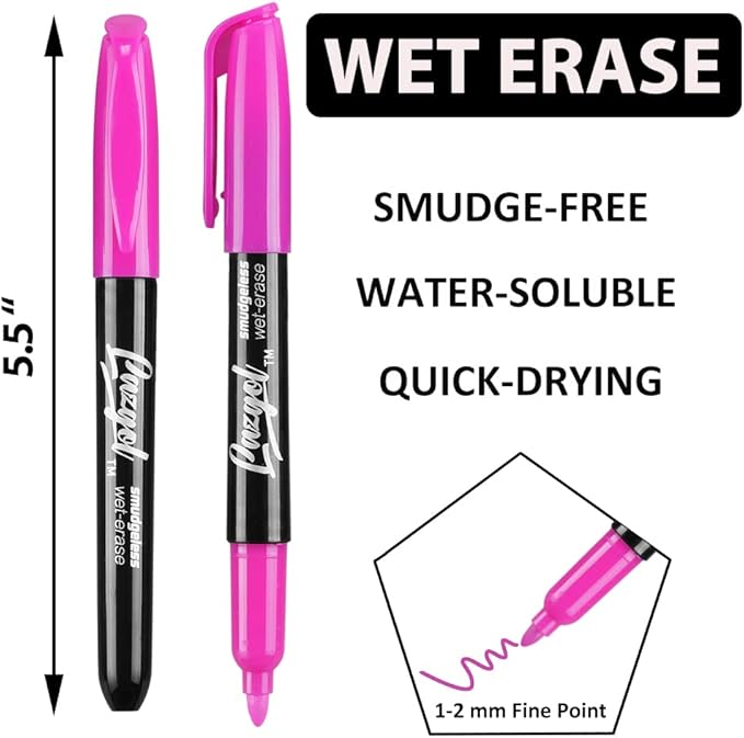 LAZGOL Wet Erase Markers, Bulk Pack of 16 (12 Colors) Fine Tip Overhead Transparency Smudge Free Markers for Dry Erase Whiteboard, Refrigerator Calendars, Glass and Films, Erase with Water