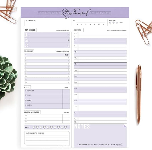 Daily Notepad Planner Schedule To Do List - Stay Focused 50 Tear Off Premium USA (Purple Taro)