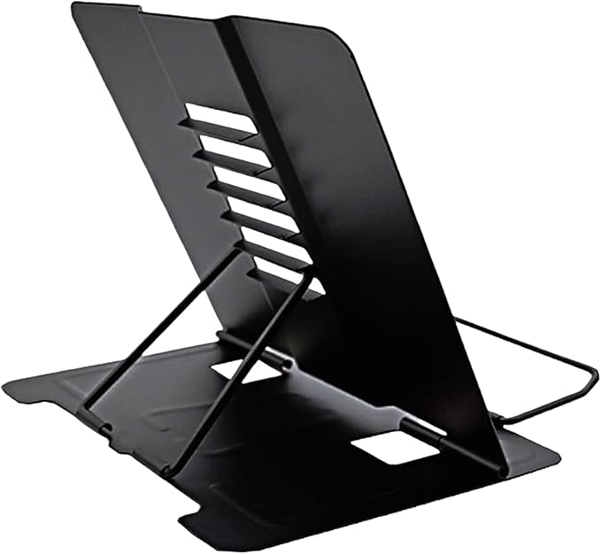 Azheeujy Metal Book Stand Folding Reading Book Holder with 6 Adjustable Angles and Paper Page Clip,Sturdy Desktop Book Holder for Cookbook,Magazine,Textbooks,Document,Music Book,Laptop,Tablet (Black)