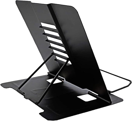 Azheeujy Metal Book Stand Folding Reading Book Holder with 6 Adjustable Angles and Paper Page Clip,Sturdy Desktop Book Holder for Cookbook,Magazine,Textbooks,Document,Music Book,Laptop,Tablet (Black)