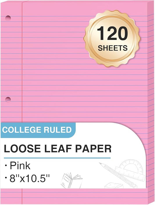 Pink Loose Leaf Paper 8 x 10.5, 120 Sheets Lined Paper College Ruled Paper, 3 Hole Punched Notebook Paper College Ruled, 3 Ring Binder Paper 8 x 10.5, Filler Paper College Ruled for Office, School