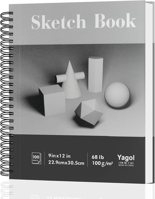 Yagol Sketch Book 9x12, 100 Sheets Spiral Bound Sketchbook, 68lb/100gsm Acid-Free Drawing Paper Pad for Sketching, Pencil, Charcoal & Dry Media, Art Sketch Pad for Students, Beginners & Artists.