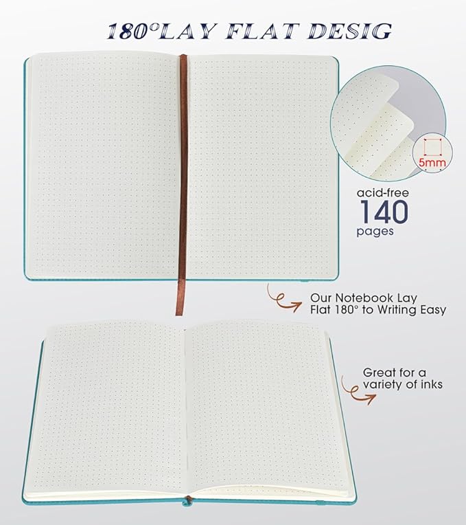 Biuwory Dotted Journal Notebook for Women Men, 140 Pages Hardcover Dot Grid Notebooks for Work, School & Travel, Leather Journals for Writing, Bullet Journaling 5.7"×8.3" (Blue)