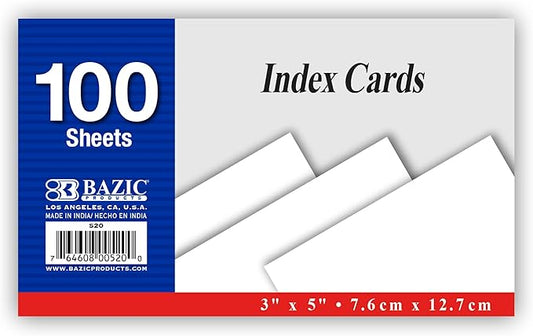 BAZIC Products Blank Index Cards 3" X 5" 100 Count, White Unruled Flashcards, Flash Card for Learning Memory Reminder (100/Pack), 1-Pack