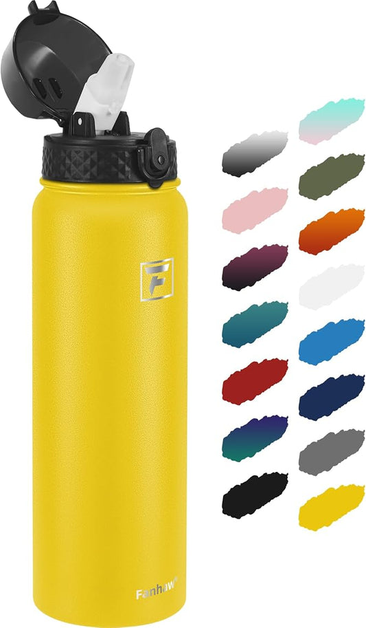 Fanhaw 40 Oz Insulated Stainless Steel Water Bottle with Straw Lid, Leakproof Extra-Large Sports Bottle for Men & Women (Yellow)