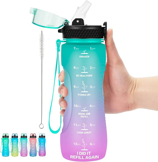 24 OZ Motivational Kids Water Bottle With Time Marker,Straw Lid,Leak Proof, Tritan BPA Free Sports Water Bottle Green-Purple(1 Lid)