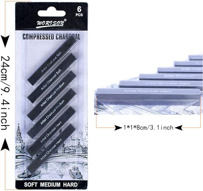 Compressed Charcoal Rod 6PCS Soft, Medium and Hard Grade Vine Square Willow Charcoal Sticks for Drawing, Sketching, Shading, Art Supplies Sketch Kits Tools Carbon Strip
