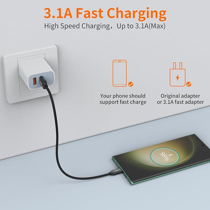 JXMOX Short USB C Cable (0.5ft 3-Pack), USB A to Type-C Charger Cord 3.1A Fast Charging Compatible with iPhone 15 16 Pro Max, Samsung Galaxy S20 S10 S9, Note 10 9, A80 A70 A50 A40, Power Bank (Black)