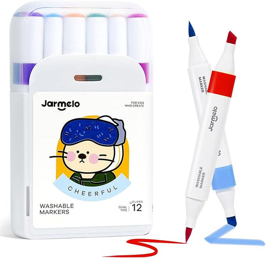 Jar Melo Washable Dual Tip Markers for Kids Ages 4-8, Brush & Chisel Tip, Water-Based Coloring Markers, Double-Tipped 12 Colors Marker Set with Storage Case, School Art Supplies for Boys & Girls
