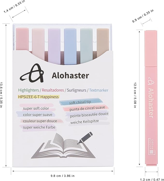Alohaster HPSIZEE Aesthetic Cute Highlighters Mild Assorted Colors With Soft Chisel Tip, No Bleed Dry Fast Easy to Hold, for Journal Bible Planner Notes School Office Supplies, 6 Pack - Happiness