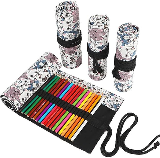 DIYOMR 12/24/36/72 Slots Pencil Wrap Roll, Artist Colored Roll Up Bag, Short Brush Pouch Case Organizer for Drawing Coloring and Sketching, No Pencils (Big Headed Cat, 12slots)