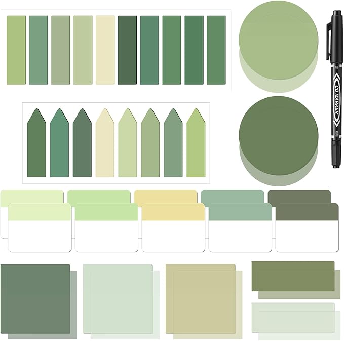 Glenmal Transparent Sticky Note Set 910 Sheets Translucent Clear Self-Adhesive Sticky Notes Bulk Gradient Color Waterproof for Bible Tabs Book Tabs Office Study Supplies Book Annotation(Sage Green)