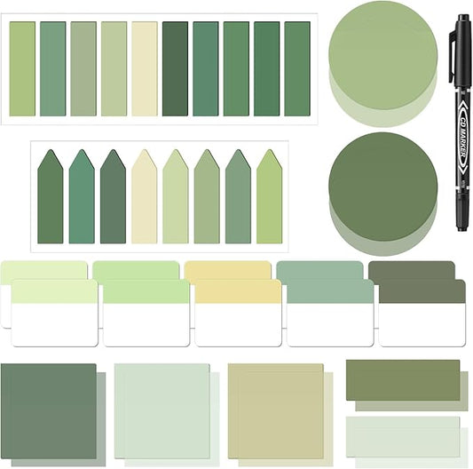 Glenmal Transparent Sticky Note Set 910 Sheets Translucent Clear Self-Adhesive Sticky Notes Bulk Gradient Color Waterproof for Bible Tabs Book Tabs Office Study Supplies Book Annotation(Sage Green)