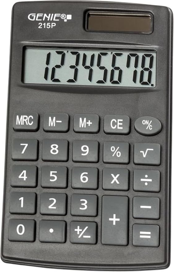 Genie 215 P8 Digit Calculator Dual Power (Solar and Battery) Compact Design Grey