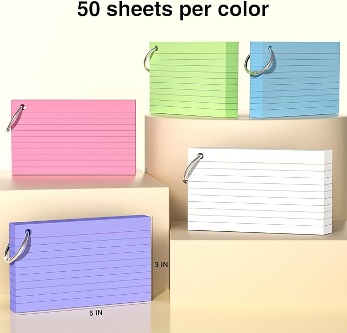 250 Count Colored Index Cards 3x5 Inch with Key Ring, 180gsm Heavy Weight Flash Cards 5 Color (50 Sheets Each) Portable Note Taking for Students, Teachers, Study Note Cards for Office School Supplies