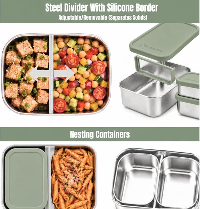 Modaniam Flexibento Leak Proof 40 OZ Stainless Steel Lunch Box, Silicone Lids, Sage Set of 3