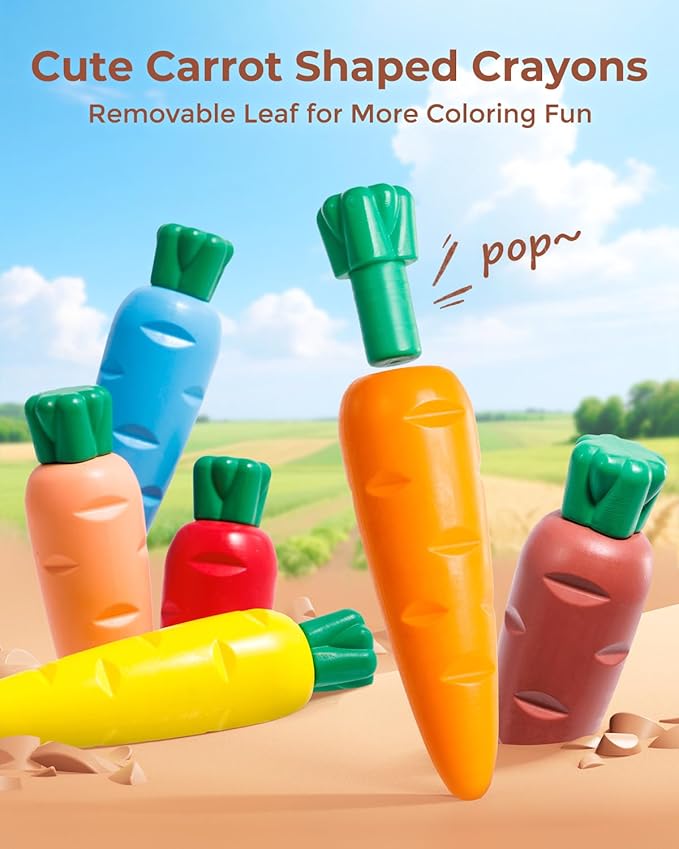 JUPITEARTH Carrot Crayons for Kids 12 Colors, Non Toxic Beeswax Crayons for Toddlers 1-3 with 30-Page Coloring Book & Stickers & 120 PDF Pages, Mess-Free Coloring for Kids Art Supplies Gift