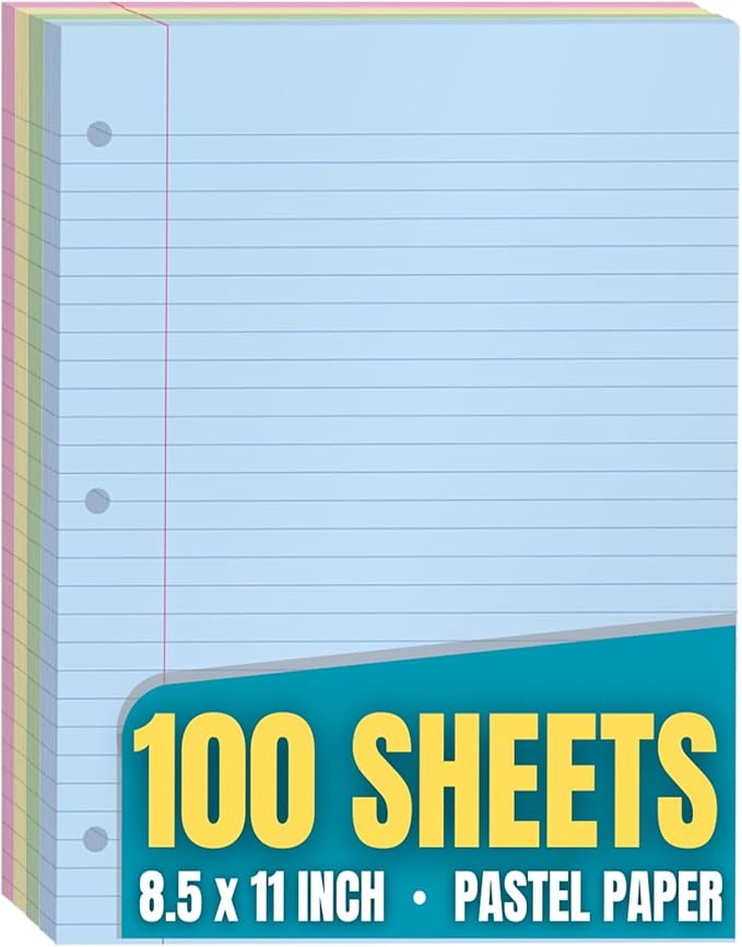 1InTheOffice Colored Notebook Paper, 8.5x11 Wide Ruled Lined Loose Leaf Paper, Pastel Colored, 100 Sheets