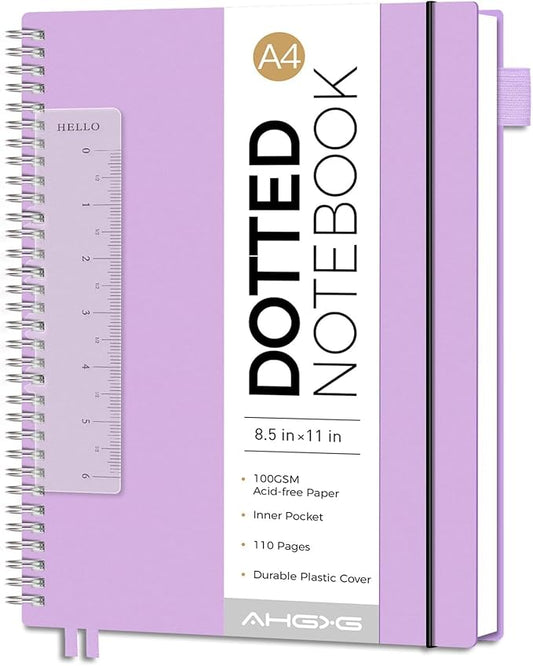 AHGXG Dotted Journal - Dot Grid Spiral Notebook 8.5" x 11", A4 Large Dotted Notebook, 100 GSM Thick Paper, Waterproof Plastic Cover Journals for Journaling, Sketching, Purple