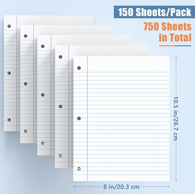 Loose Leaf Notebook Paper 750 Sheets 5 Packs Bulk for 3 Ring Binder, 8x10.5 Filler Paper Wide Ruled 3-Hole Punched Lined Paper for Writing Office Business School College Home (150 Sheets/Pack)