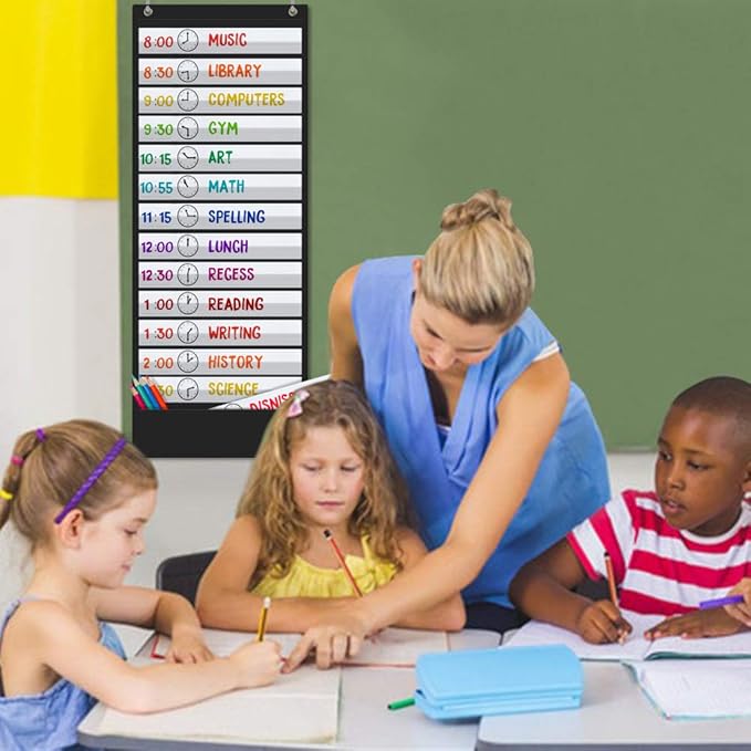 Daily Schedule Pocket Chart, 13+1 Scheduling Pocket Chart with18 Dry-Eraser Cards, Educational Charts for Classroom Office Home Preschool Activity (Black)