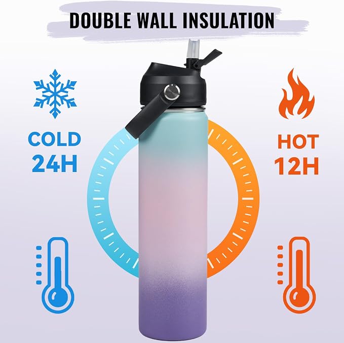 Fijinhom 24oz Insulated Stainless Steel Water Bottle, Wide Mouth Double Wall Vacuum, Silicone Straw, Sweat & Leak Proof, BPA Free Insulated Water Flask for Travel, Keep Cold 24h Hot 12h, Pink