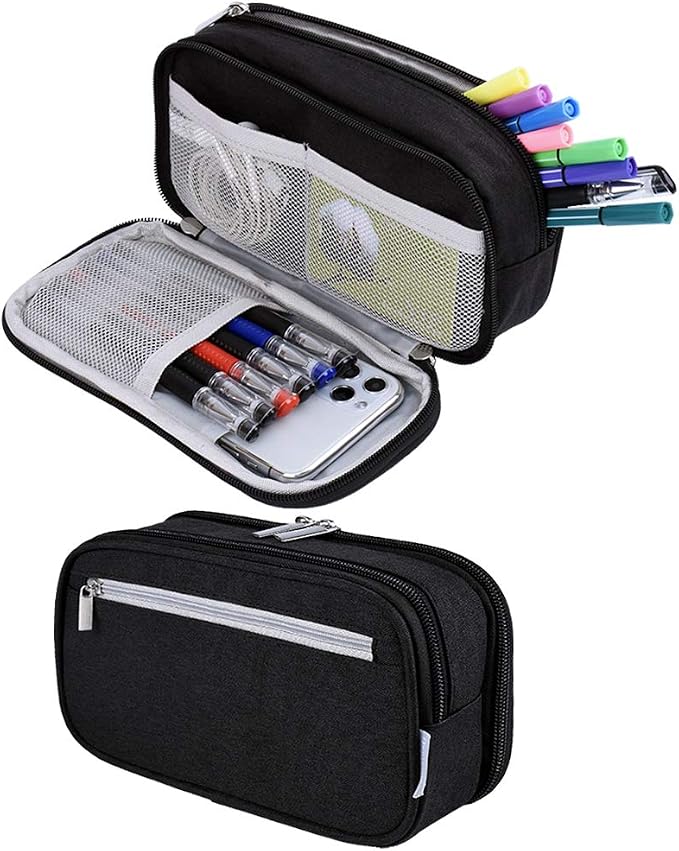 Chelory Big Pencil Case Large Capacity Pencil Bag Pouch 3 Multi Comparments High Storage Pen Holder Marker Holder Portable Office Stationery Organizer Supplies Makeup Cosmetic Bag Men Women (Black)