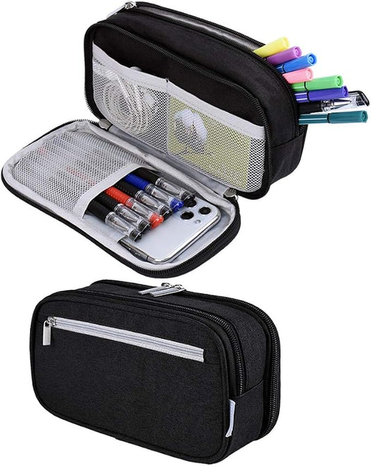 Chelory Big Pencil Case Large Capacity Pencil Bag Pouch 3 Multi Comparments High Storage Pen Holder Marker Holder Portable Office Stationery Organizer Supplies Makeup Cosmetic Bag Men Women (Black)