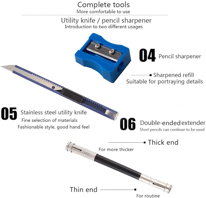 Sketching Pencils Set, Metal Box Packaging, Including Graphite Pencils、Charcoal Pencils、Blending Stumps and other tools for drawing (A set with 29pieces).