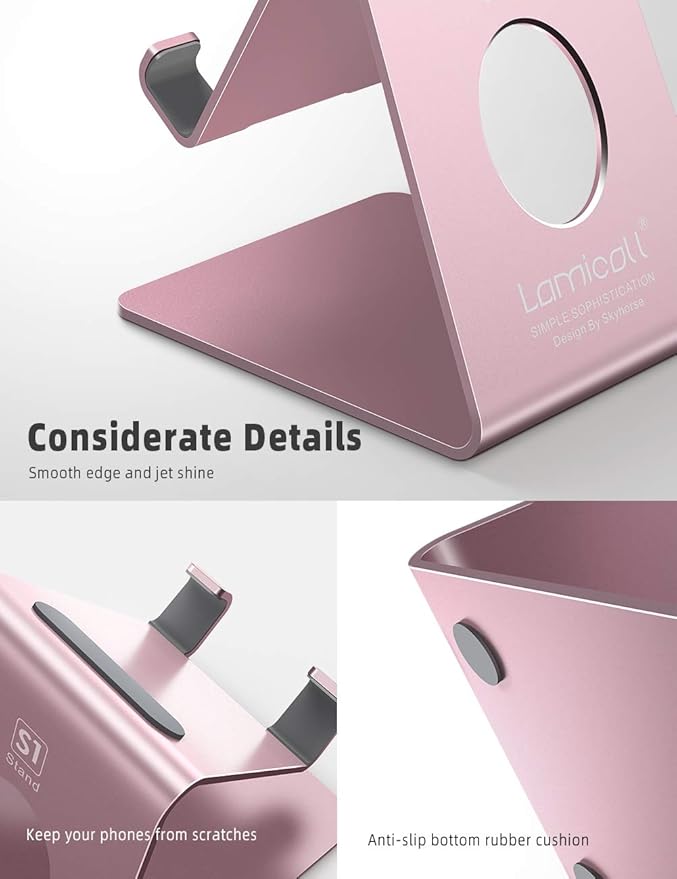 Lamicall Pink Phone Stand, Desk Accessories - Rose Gold Pink Cell Phone Holder, Office Decor, Office Desk Accessories, Suitable for iPhone 16 15 14 13 Pro Max, 4-8'' Phone