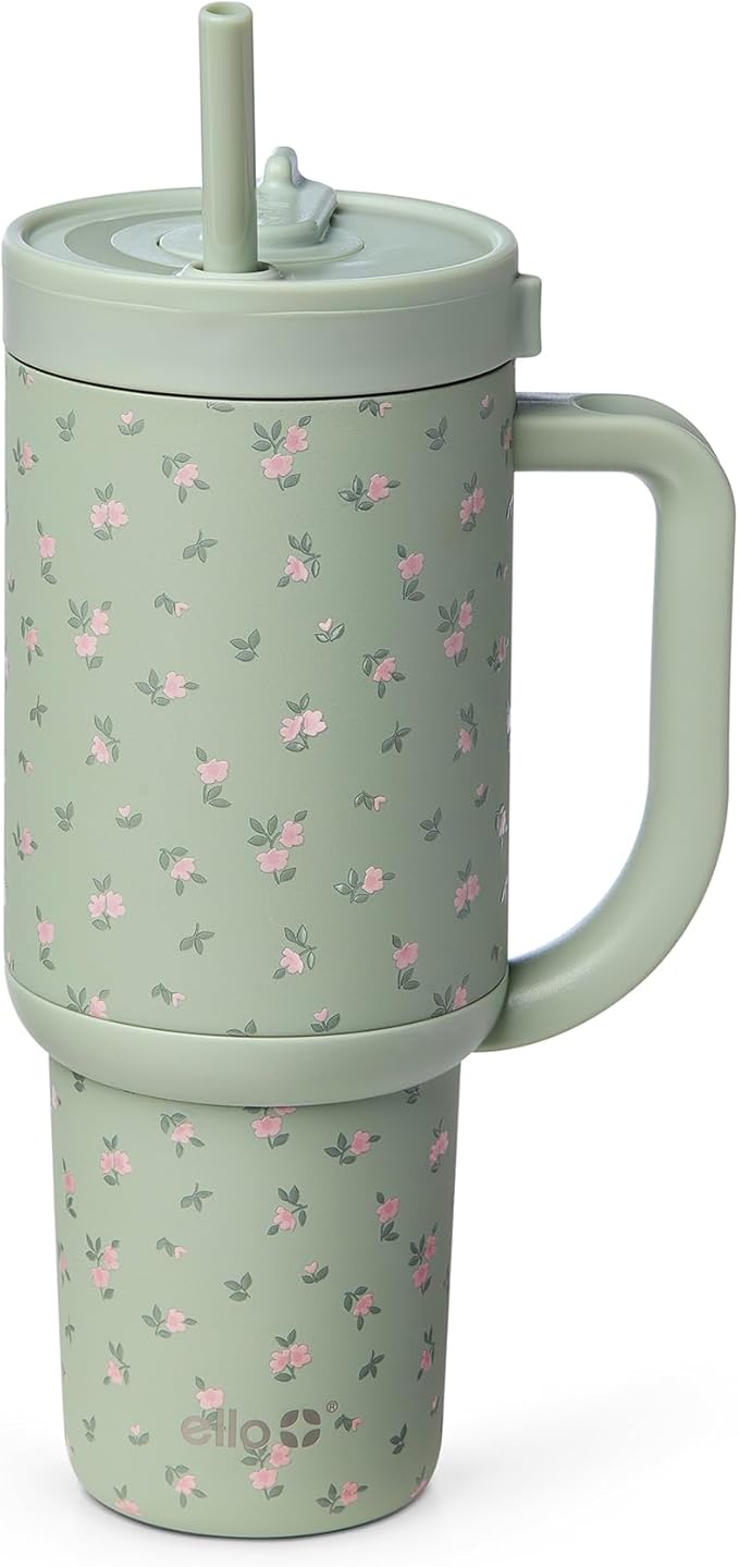 Ello Oasis 30oz Tumbler with Handle & Retracting Straw | Reusable Insulated Stainless Steel Cup 100% Leakproof | Gifts for Teens Women | Keeps Cold for 23 Hours | Cup Holder Friendly | Full Bloom