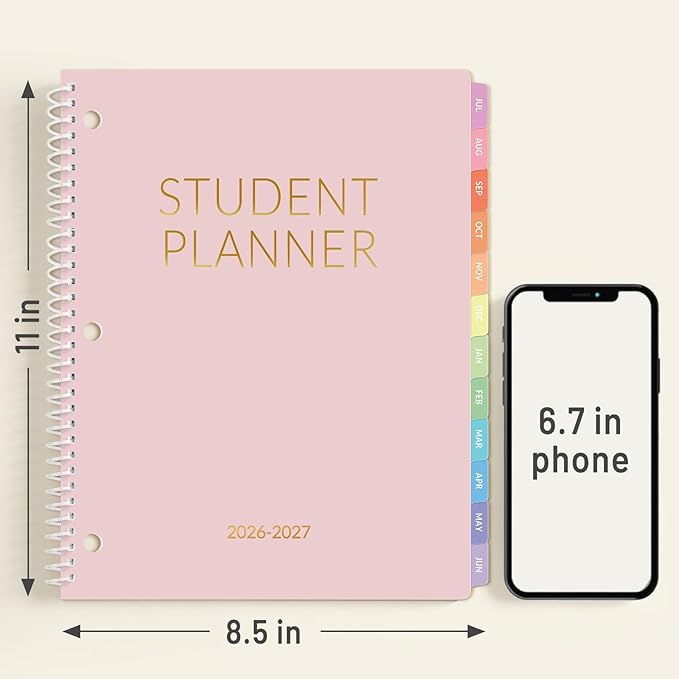 Student Planner 2026-2027, SUNEE Academic Weekly & Monthly Plan Book, Jul. 2026 - Jun. 2027, 8.5"×11" School Planner, Lesson Plan Book with Week's Goals, Bookmark, Monthly Tabs, 3-Hole Punched, Pink