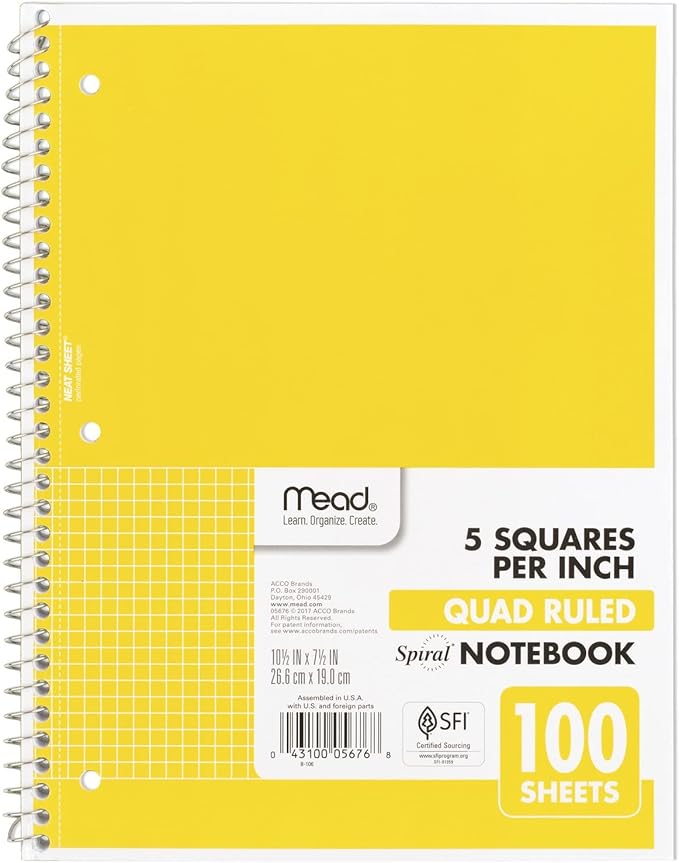 Mead Spiral Notebook, 1 Subject, Graph Ruled Paper, 7-1/2" x 10-1/2", 100 Sheets, Yellow (05676AZ7)