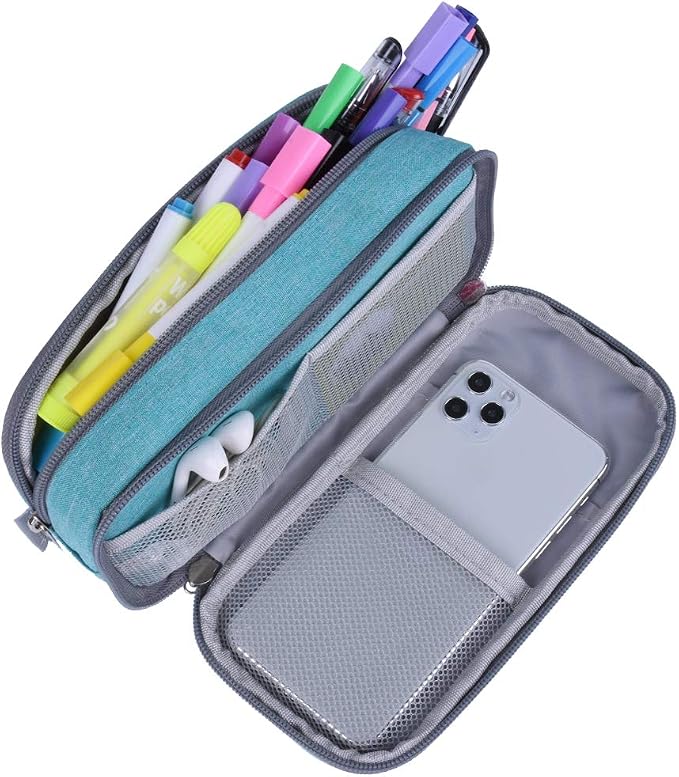 Big Capacity Pencil Case Large Pencil Bag Pouch Pen Case Pencil Marker Holder with 3 Multi Compartments for Office Stationery Organizer Storage Makeup Bag, Light Blue