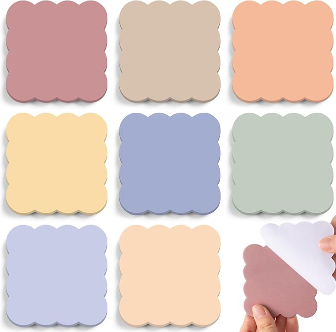 Eaasty 8 Pack Scalloped Aesthetic Sticky Notes Bulk Morandi Colors Cute Wavy Self Sticky Note Pads 3" x 3" Blank Note Pads for Back to School Office Supplies 240 Sheets
