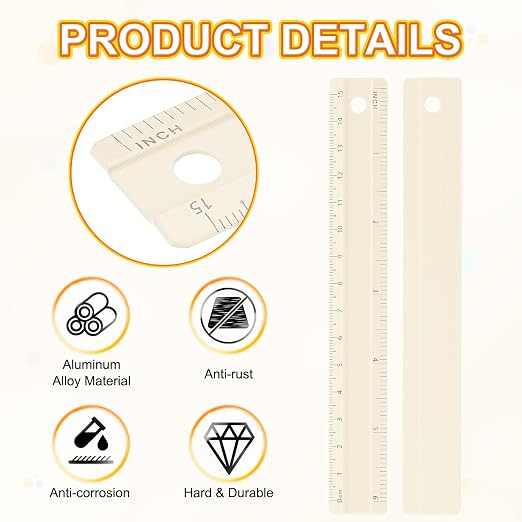 HARFINGTON Metal Straight Ruler 6 Inch(15cm) Metric Aluminum Alloy Measuring Rulers Scale Tool with Hole for Measure Study Reading Classroom Office, Beige