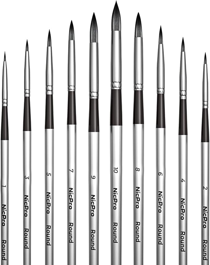 Nicpro 10 PCS Watercolor Paint Brushes, Round Tip Artist Painting Brush Set for Watercolor, Acrylic, Gouache, Inks, Oil and Tempera, 10 Sizes Detail Paint Brush for Fine Art, Craft, Paint by Number