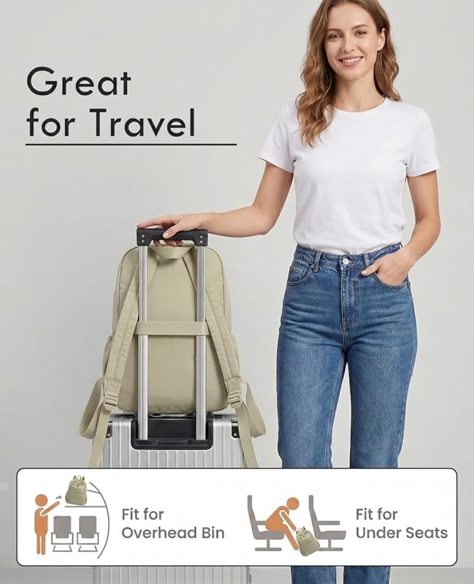Foldable Backpack for Women, Lightweight Travel Backpack Purse Khaki | with Luggage Strap, Packable Causal Daypack, Chic Bookbag, Water-Resistant Gym School Backpack for Travel College Daily Use
