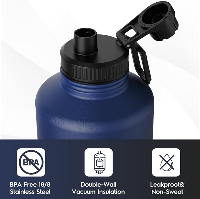 Navigate 64oz Insulated Water Bottle for Sports, Keep Cold 24H | 2-in-1 Spout and Handle Lids, Double Leak-Proof, 18/8 Stainless Steel, BPA-Free, Wide Mouth for Hiking,Blue to Black