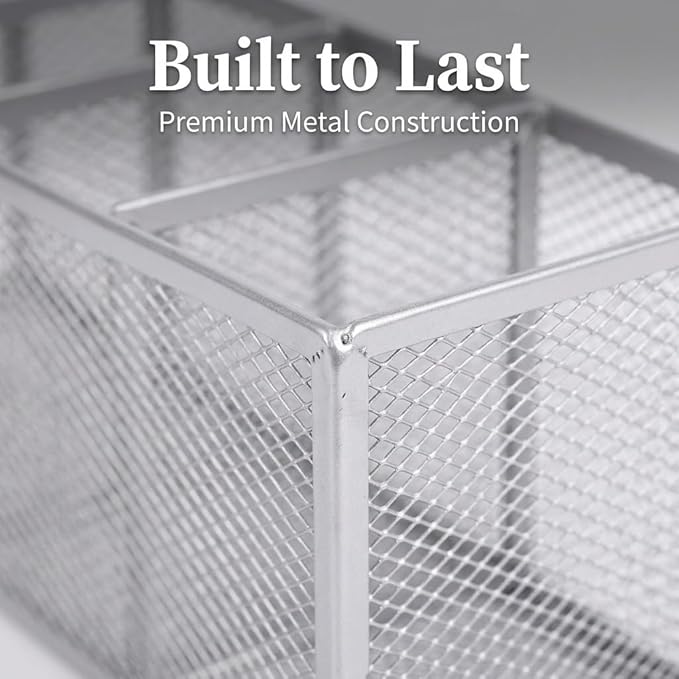 Metal Pen Holder, Pencil Holder 4 Compartments, Mesh Pen Storage Pencil Organizer Cup Makeup Brush Holder for Office Desk Accessories, Silver