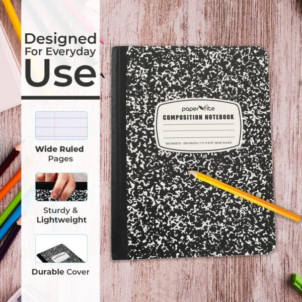Paper Rite Marble Composition Notebook, 48 Pack, Black