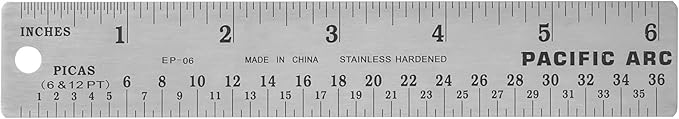 Pacific Arc Stainless Steel Ruler with Inch and Pica Measurements, 6 Inches Rubber Backed
