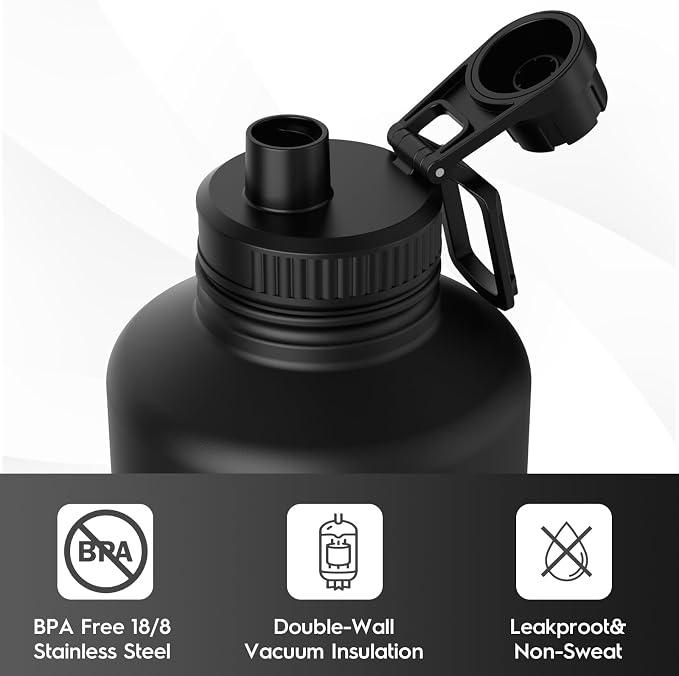Navigate 64oz Insulated Water Bottle for Sports, Keep Cold 24H | 2-in-1 Spout and Handle Lids, Double Leak-Proof, 18/8 Stainless Steel, BPA-Free, Wide Mouth for Gym and Hiking,Black