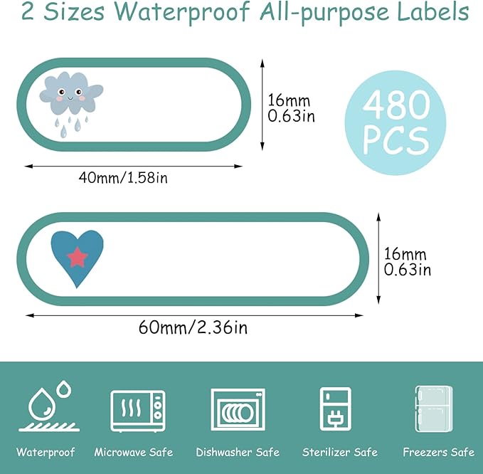 480 Pcs Baby Bottle Labels for Daycare Essentials, Waterproof Labels for Bottles, Self-Laminating School Name Tags Stickers for Kids Daycare Essentials