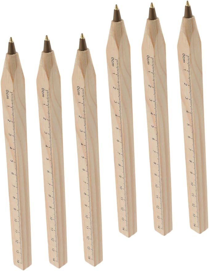 Zerodeko 6pcs Natural Wood Ballpoint Pens with Black Ink, Wooden Ruler Marking Pens for Carpenter and Technical Drawing, Eco-friendly Biodegradable Office Writing Set